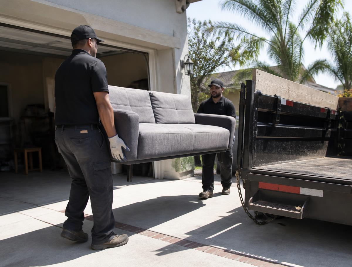 Ozark Junk Removal crew carrying a sofa out of a garage